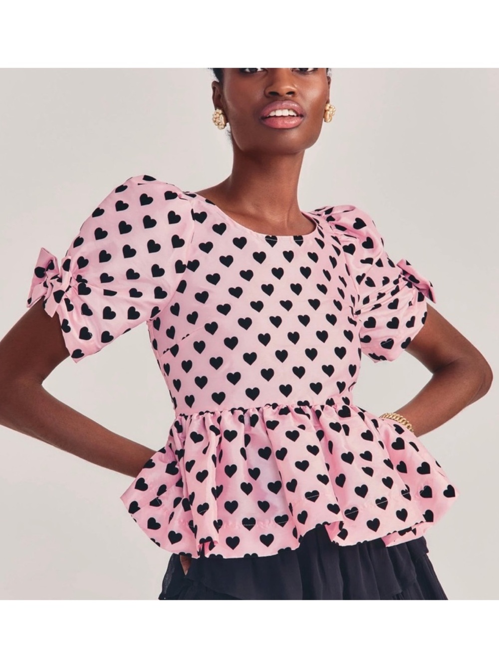 LOVESHACKFANCY Keily Top in Rosebud Light Pink with Black Hearts Bows NWT
